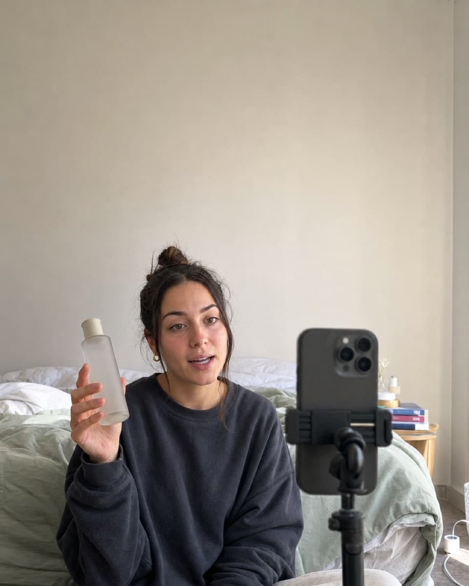 A creator filming herself on a phone mounted to a small tripod.
