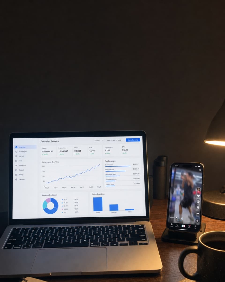 An ads manager dashboard open on a laptop.