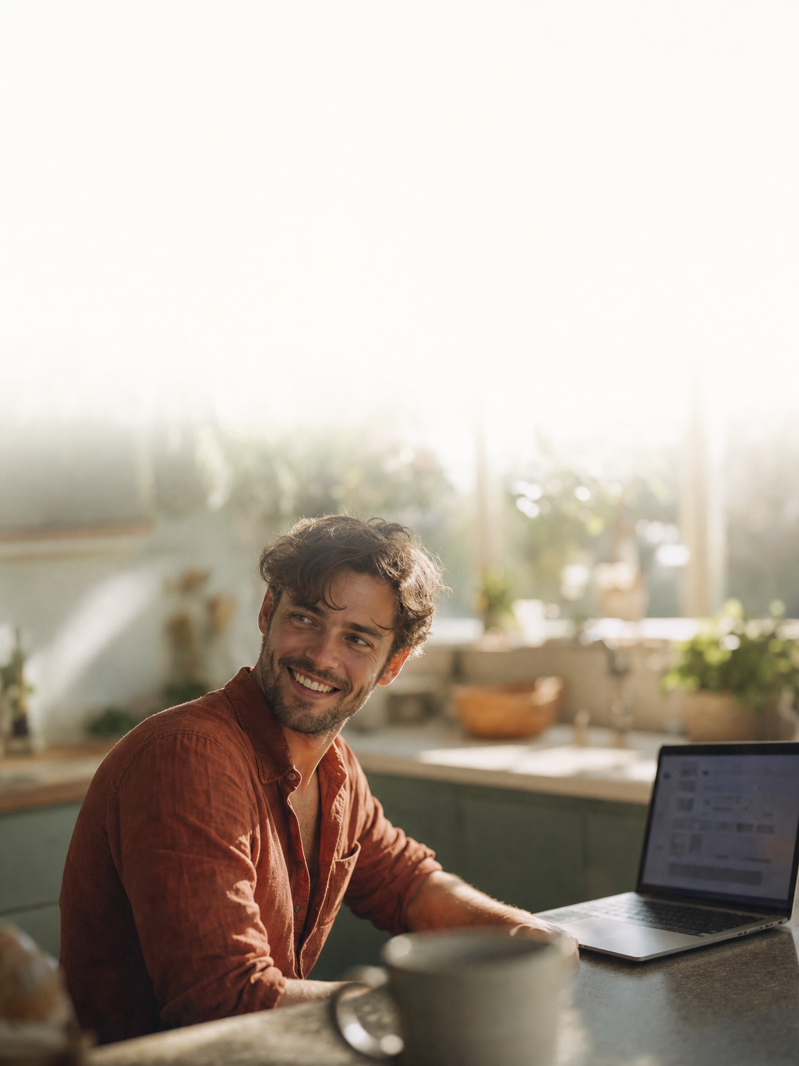 A man smiling across a kitchen counter with a laptop open beside him.