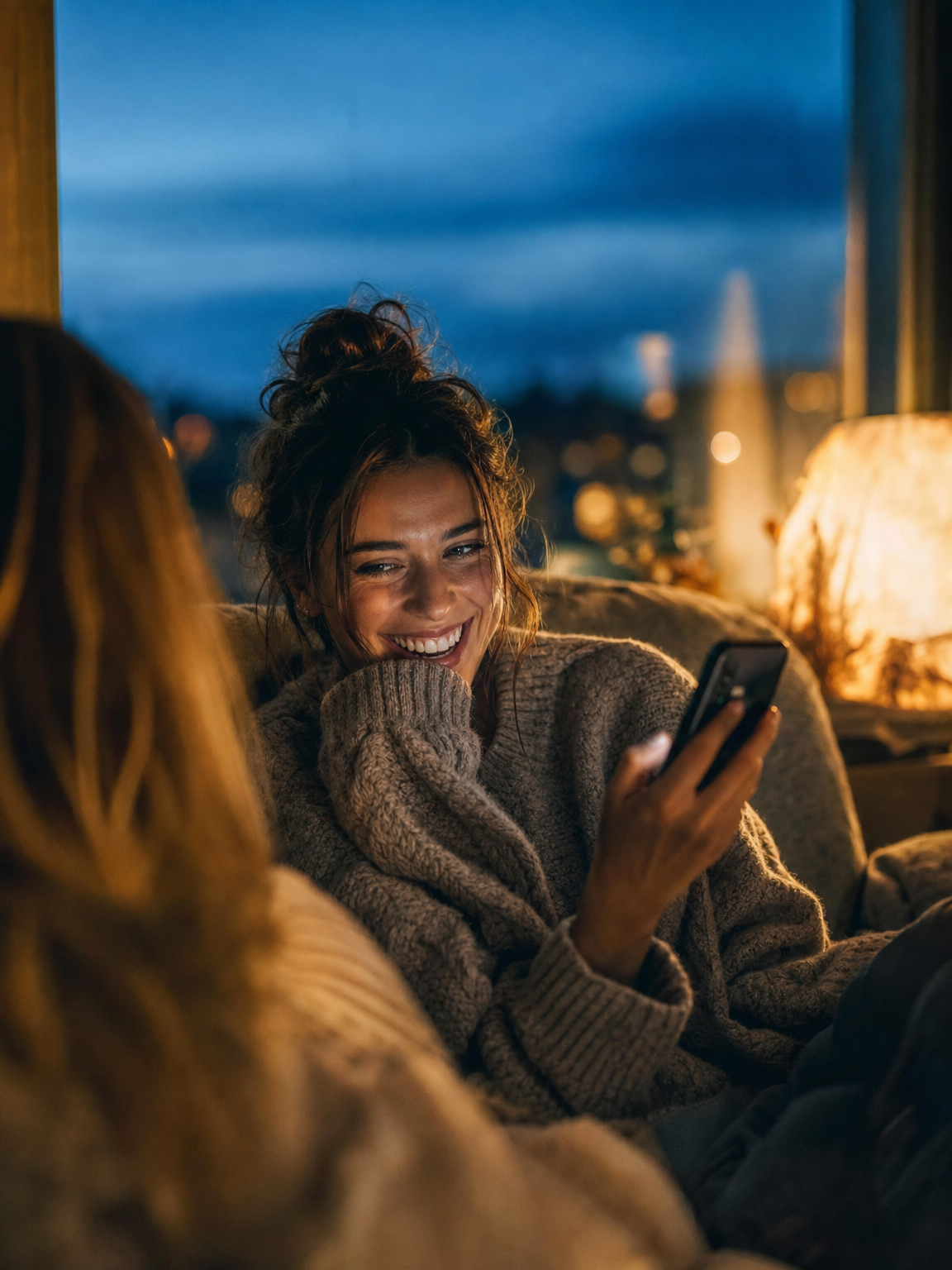 A woman laughing at her phone on a sofa at dusk.